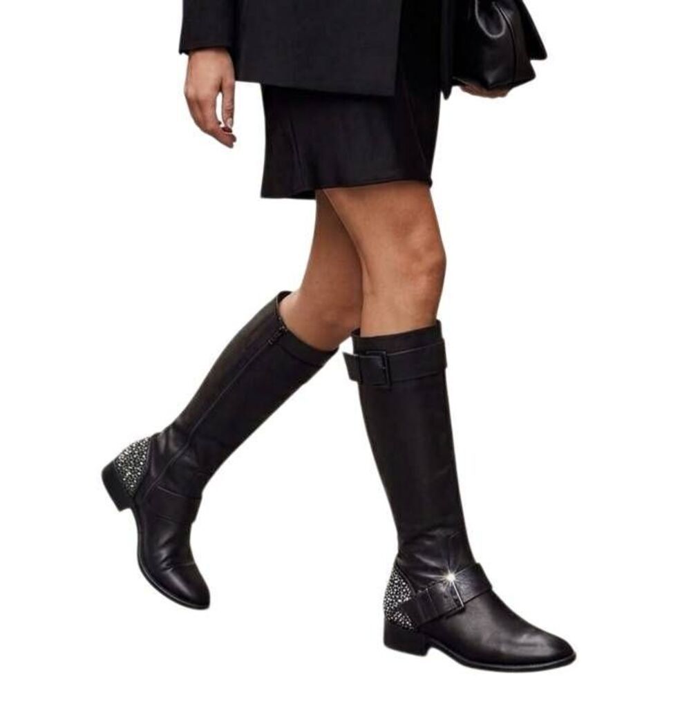 Brian Atwood Diva Black leather crystal embellished knee high riding boots 6.5